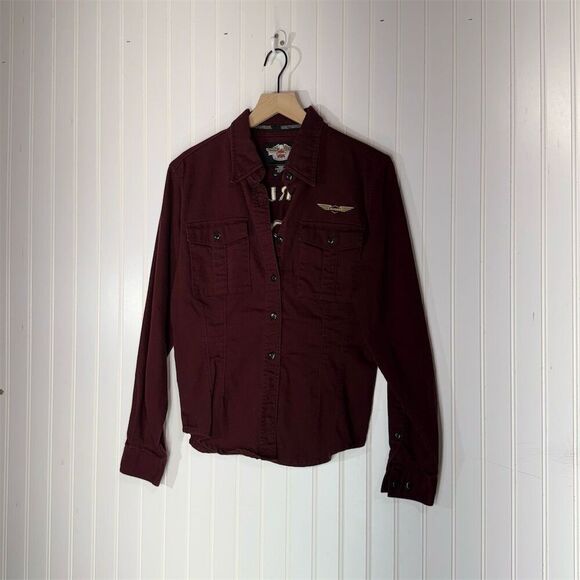 Harley-Davidson M Maroon Button Down Shirt Embroidered Eagle Back VTG Biker Y2K - Picture 1 of 8